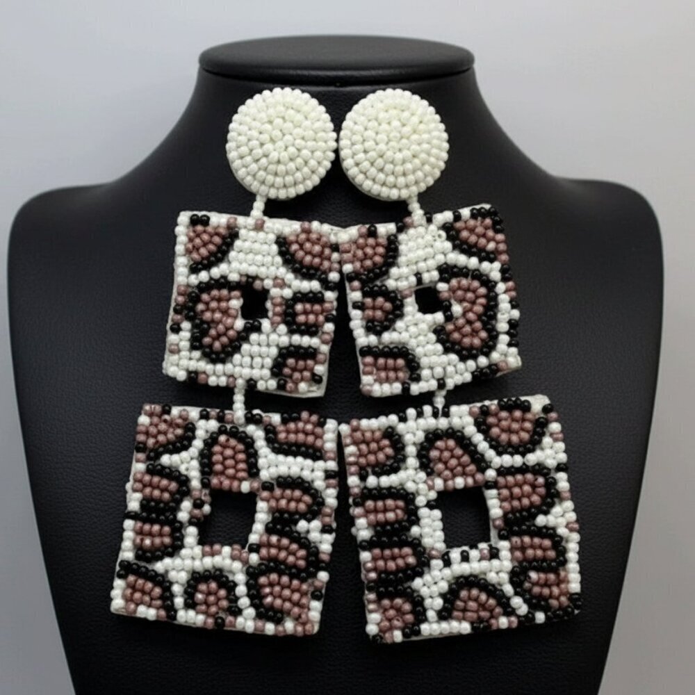 Beaded Leopard Print Statement Earrings | White Mauve Pink Brown - Picture 4 of 5